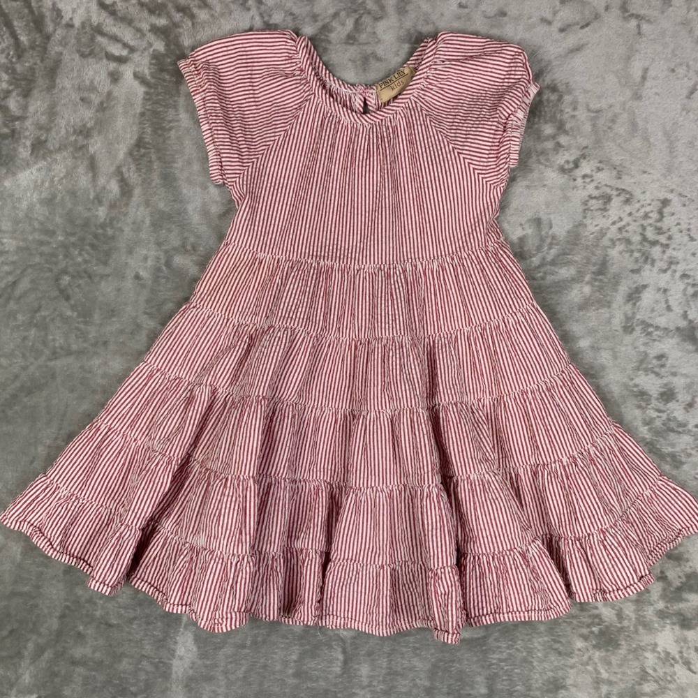 Pink Lily Kids Red White Striped Tiered Dress 4T 100% Cotton Seersucker Cottage